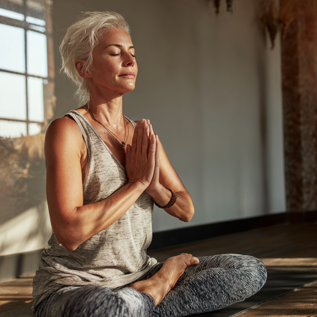mature woman practicing gentle yoga poses in peaceful studio setting